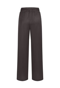 Charcoal gray relaxed-fit trousers with an elastic waistband, wide legs, and a smooth texture. Suitable for casual or lounge wear.