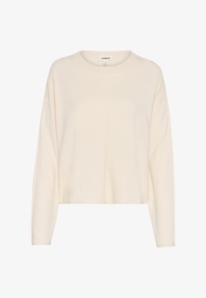 Kreem värvi pikad varrukad kudum, millel on lõtv lõige, ümar kaelus ja allapoole langevad õlad. Pehme tekstuur ja peene õmbluse detail ees.