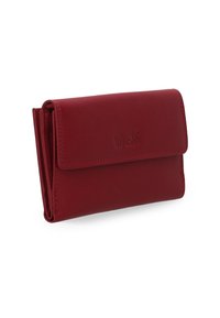 Rote Leder-Geldbörse mit glatter Textur, Falt-Design und geprägtem Branding. Verfügt über saubere Nähte und einen sicheren Verschluss.