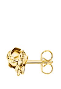 Gold-tone stud earring shaped like a rose, featuring detailed petals and leaves, with a straight post and butterfly clasp for secure wear.