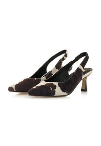 Zapatos de tacón slingback con estampado de piel de vaca, con punta afilada y tacón bajo en bloque. Con colores negro y crema, de suave textura de ante.