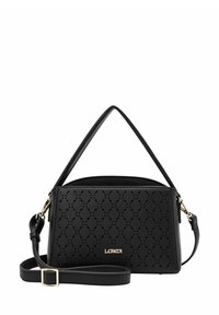 Bolso de cuero negro con un diseño estructurado y un patrón perforado, que cuenta con un asa superior y una correa de hombro desmontable. Acentos dorados.
