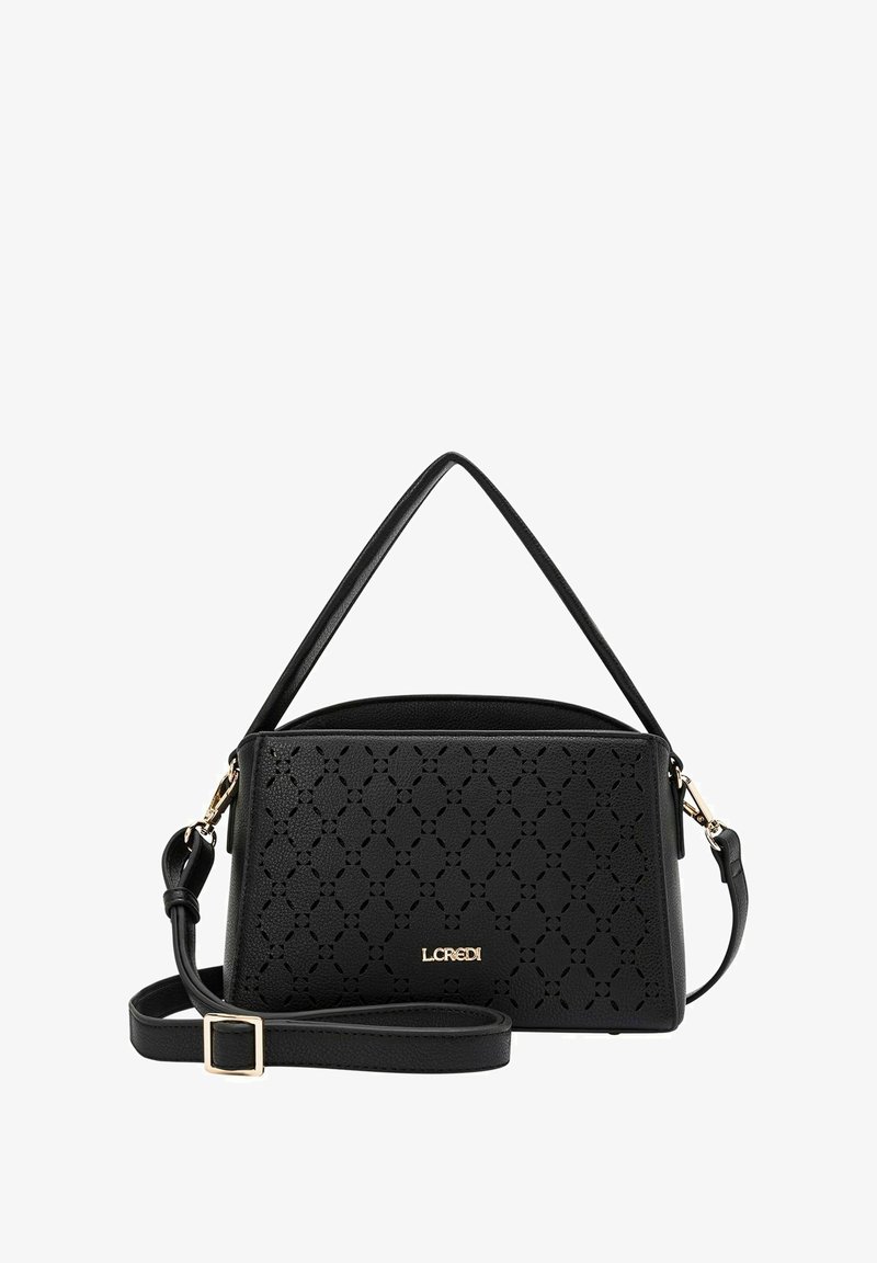 Sac à main en cuir noir avec un design structuré et un motif perforé, doté d'une poignée supérieure et d'une bandoulière amovible. Accents dorés.