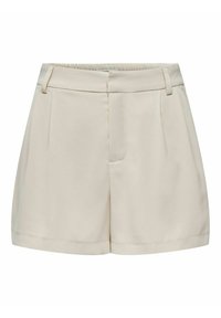 Pantalones cortos beige a medida con una textura suave, cintura alta, pliegues delanteros y bolsillos laterales. Cuenta con trabillas para cinturón y un acabado limpio y pulido.