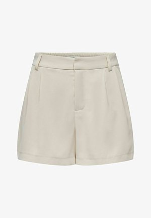 Beige skräddarsydda shorts med slät textur, hög midja, framåtvikta veck och sidofickor. Har bälteshållare och en ren, polerad finish.