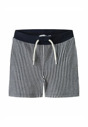 Toddler shorts med vertikale navy- og hvitstripete med elastisk midje og hvite snorer.