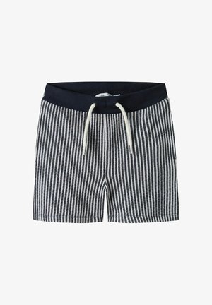 Short pour tout-petit à rayures verticales bleu marine et blanc avec taille élastique et cordons blancs.