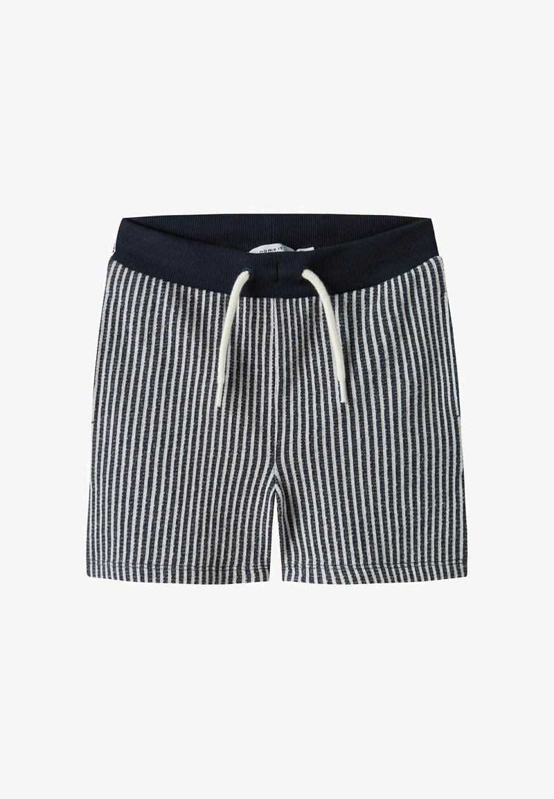Short pour tout-petit à rayures verticales bleu marine et blanc avec taille élastique et cordons blancs.