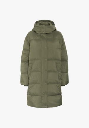 Olive green padded coat with a hood, featuring a button closure, long sleeves, and a quilted design. Offers a loose, insulated fit.