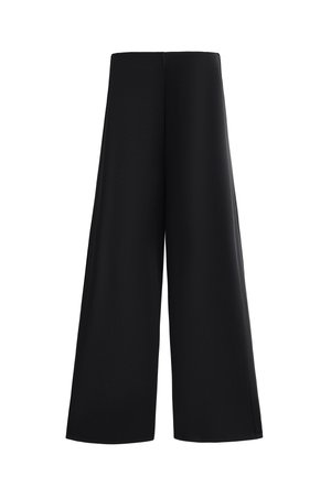 Black wide-leg pants made from smooth fabric, featuring a high waist and an unembellished design, providing a minimalist silhouette.