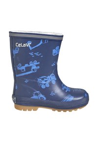 Botte de pluie en caoutchouc marine avec motifs de véhicules bleu clair, bord supérieur gris, doublure en polaire et semelle texturée pour une meilleure adhérence.