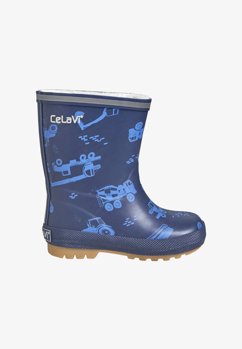 Marinblå gummiregn stövel med ljusblå biltryck, grå överkant, fleecefoder och mönstrad sula för grepp.