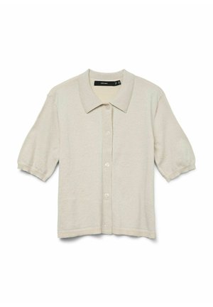 Heller beiger Kurzarm-Cardigan mit Kragen, Knopfleiste und strukturiertem Material. Bietet einen lässigen Schnitt und gerippte Saumdetails.