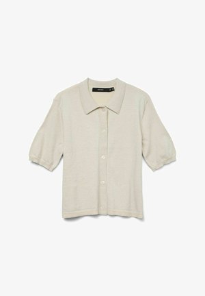 Cardigan court beige clair à manches courtes avec col, fermeture par boutons et tissu texturé. Présente une coupe relaxée et des détails de ourlet côtelés.