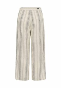 Μπεζ παντελόνια wide-leg με κάθετες μαύρες ρίγες, ελαστική μέση και μικρό μαύρο ετικέτα μπροστά δεξιά.