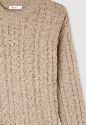 Maglione beige a maglia, con scollatura tonda, design texturizzato e polsini a coste. Realizzato in filato morbido per calore e comfort.