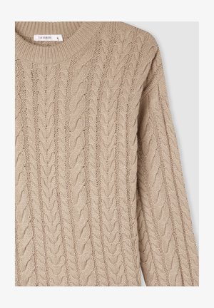 Maglione beige a maglia, con scollatura tonda, design texturizzato e polsini a coste. Realizzato in filato morbido per calore e comfort.