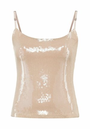 Beżowy top na ramiączkach z cekinami, o gładkiej teksturze, dopasowanym fasonie i połyskującej powierzchni z całkowitym wzorem cekinowym.