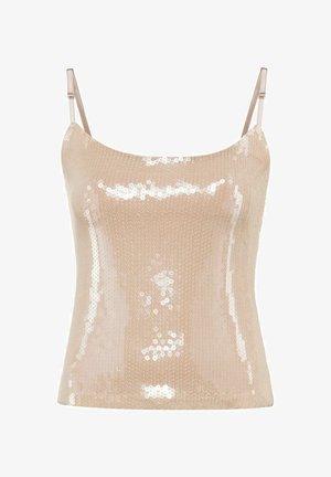 Beżowy top na ramiączkach z cekinami, o gładkiej teksturze, dopasowanym fasonie i połyskującej powierzchni z całkowitym wzorem cekinowym.