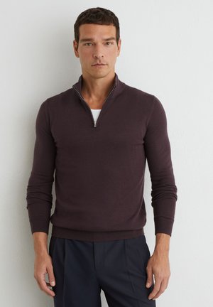 Junger Mann trägt einen dunkelbraunen Pullover mit Reißverschluss über einem weißen Hemd und dunklen Hosen und steht vor einer schlichten hellen Wand.