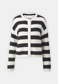 Randig kavaj i svart och kräm, med ett strukturerat stickmönster, rund halsringning och fem knappstängningar framtill.