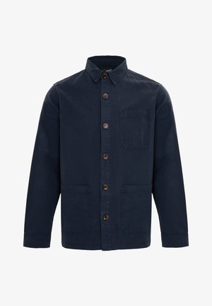 Veste bleu marine en coton, avec une fermeture à boutons sur le devant, un col, deux poches avant et une poche poitrine unique au design simple.