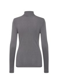 Pull gris à manches longues à col roulé, vu de dos avec une silhouette ajustée et un col et des poignets côtelés.