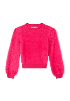 Maglione ispido di un vivace colore rosa con maniche lunghe e a palloncino, e un colletto e orlo a costine. La texture morbida ne esalta l'appeal visivo.