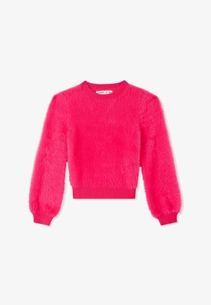 Maglione ispido di un vivace colore rosa con maniche lunghe e a palloncino, e un colletto e orlo a costine. La texture morbida ne esalta l'appeal visivo.