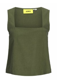Top sin mangas de color verde oliva con escote cuadrado, hecho de una tela texturizada. Presenta una etiqueta amarilla con "JJXX" en la parte de atrás.