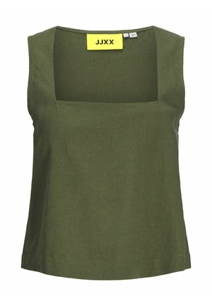 Olivinės spalvos be rankovių palaidinė su kvadratiniu iškirpimu, pagaminta iš tekstūruotos medžiagos. Nugaros dalyje yra geltona etiketė su užrašu "JJXX".