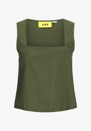 Top sin mangas de color verde oliva con escote cuadrado, hecho de una tela texturizada. Presenta una etiqueta amarilla con "JJXX" en la parte de atrás.