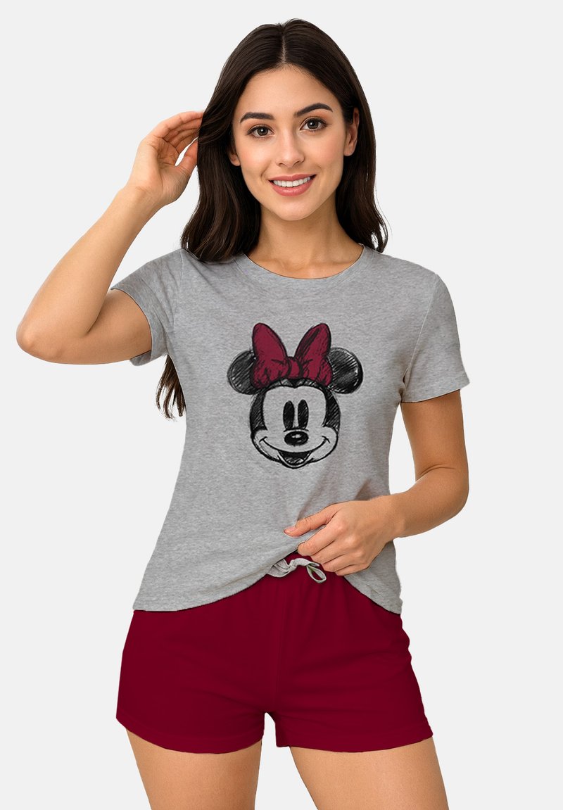 Gray cotton T-shirt featuring a black and red Minnie Mouse graphic, paired with dark red shorts. Casual, relaxed fit with round neckline.