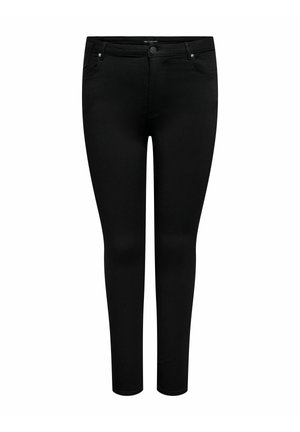 Černé džíny legíny s úzkým střihem, vybavené klasickým pětivreckovým designem, zapínáním na knoflík a hladkou, elastickou texturou látky.