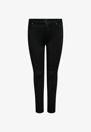 Črne denim tajice s ožjim krojem, ki imajo klasičen pet-pocket dizajn, gumbasto zapiranje in gladko, elastično teksturo blaga.