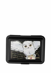 Custodia rettangolare nera con un gufo bianco dalle ali spiegate, che tiene una lettera. Sullo sfondo ci sono stelle dorate e testo. Materiale durevole.