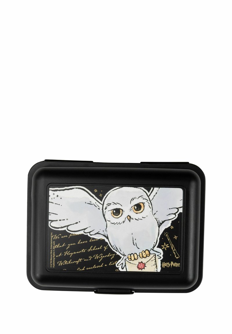 Custodia rettangolare nera con un gufo bianco dalle ali spiegate, che tiene una lettera. Sullo sfondo ci sono stelle dorate e testo. Materiale durevole.