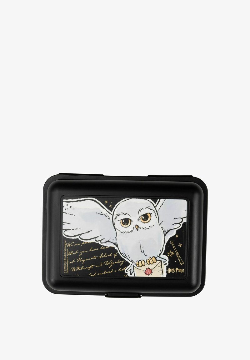 Custodia rettangolare nera con un gufo bianco dalle ali spiegate, che tiene una lettera. Sullo sfondo ci sono stelle dorate e testo. Materiale durevole.