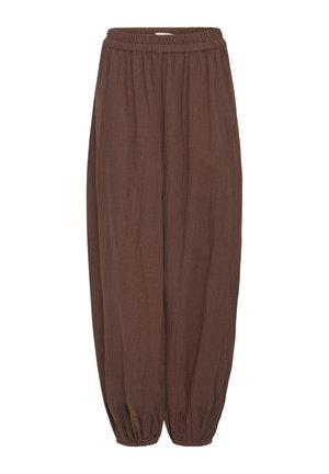 Losse bruine broek met elastische tailleband en elastische boorden, gemaakt van lichtgewicht textuurstof.