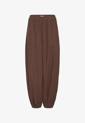 Losse bruine broek met elastische tailleband en elastische boorden, gemaakt van lichtgewicht textuurstof.