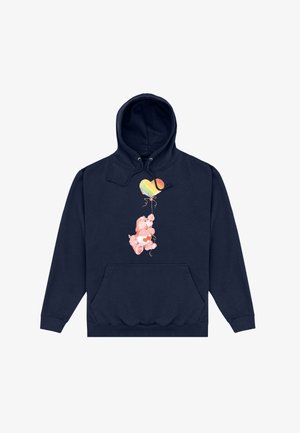 Marineblå hættetrøje med en forlomme, der har et pink bjørnedesign, som holder en multicolor hjerteformet ballon. Lavet i bomuldsstof, afslappet pasform.