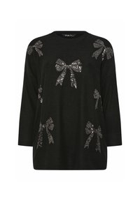 Schwarzes Langarmoberteil mit mehreren silbernen Pailletten-Schleifen. Einfacher runder Halsausschnitt, entspannter Schnitt und weicher Stoff. 