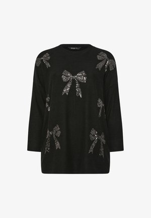 Schwarzes Langarmoberteil mit mehreren silbernen Pailletten-Schleifen. Einfacher runder Halsausschnitt, entspannter Schnitt und weicher Stoff.