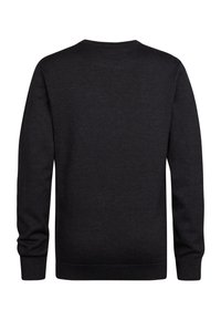 Maglione nero con collo girocollo, maniche lunghe e polsini a coste. Realizzato in un tessuto liscio e morbido, di colore uniforme e senza motivi.