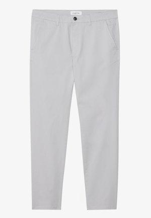 Light gray pants made of a soft fabric, featuring a slim fit, two front pockets, a button closure, and subtle texture detail.