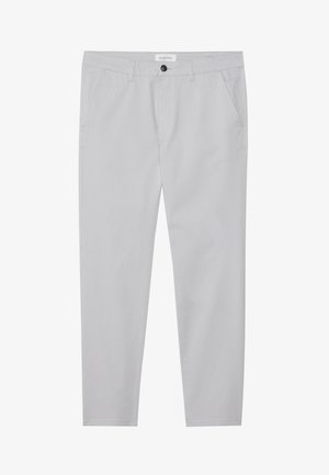 Light gray pants made of a soft fabric, featuring a slim fit, two front pockets, a button closure, and subtle texture detail.