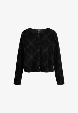 Cardigan noir court avec manches longues, motif à carreaux texturé, col rond et six boutons sur le devant. Finition en tissu doux.