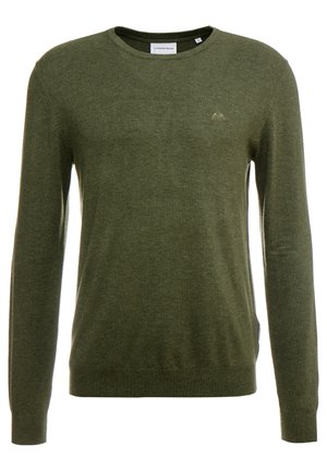 Oliwkowy sweter z długim rękawem, okrągłym dekoltem, o miękkiej fakturze, z prążkowanymi mankietami i dołem, z małym logo na piersi.