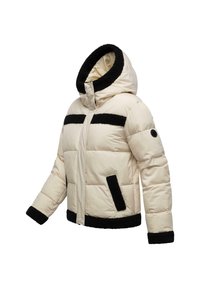 Beige pufferjack met zwarte fleeceafwerking op de capuchon, manchet, zoom, borststrik en zakranden, met een capuchon en lange mouwen.
