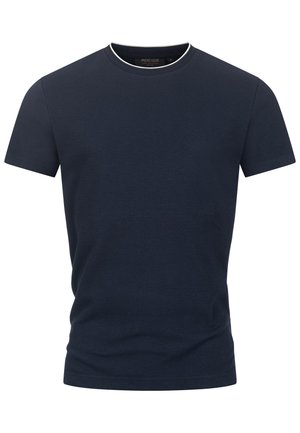 Marineblå T-shirt med korte ærmer lavet af tekstureret bomuld, med en rund halsudskæring og en kontrasterende hvid kant.